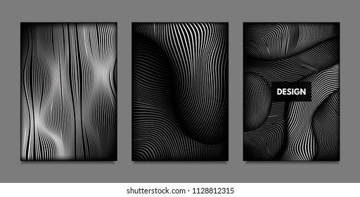 Distortion of Lines. Abstract Backgrounds with Vibrant Gradient and Wavy Stripes. Monochrome Cover Templates Set with Volume and Metallic Effect. Distorted Shapes for Business Presentation, Brochure.