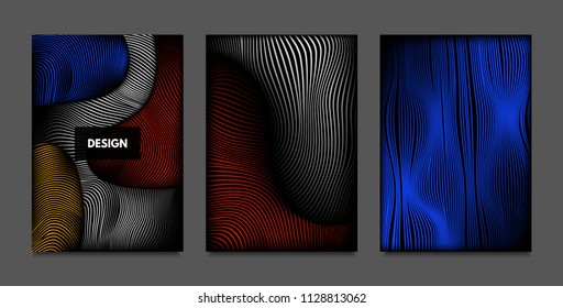 Distortion of Lines. Abstract Backgrounds with Vibrant Gradient and Wavy Stripes. Futuristic Cover Templates Set with Volume and Metallic Effect. Distorted Shapes for Business Presentation, Brochure.