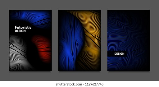 Distortion of Lines. Abstract Backgrounds with Vibrant Gradient and Wavy Stripes. Futuristic Cover Templates Set with Volume and Metallic Effect. Distorted Shapes for Business Presentation, Brochure.