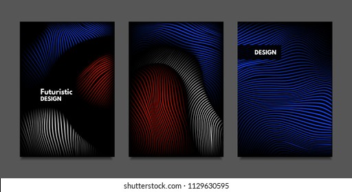 Distortion of Lines. Abstract Backgrounds with Vibrant Gradient and Wavy Stripes. Futuristic Cover Templates Set with Volume and Metallic Effect. Distorted Shapes for Business Presentation, Brochure.