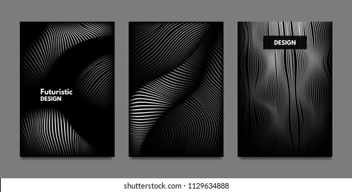 Distortion of Lines. Abstract Backgrounds with Vibrant Gradient and Wavy Stripes. Monochrome Cover Templates Set with Volume and Metallic Effect. Distorted Shapes for Business Presentation, Brochure.