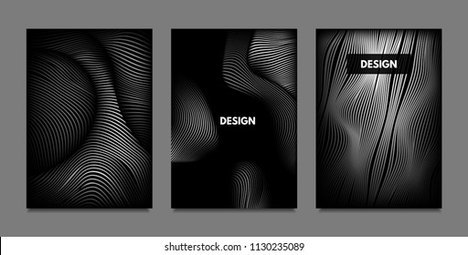 Distortion of Lines. Abstract Backgrounds with Vibrant Gradient and Wavy Stripes. Monochrome Cover Templates Set with Volume and Metallic Effect. Distorted Shapes for Business Presentation, Brochure.