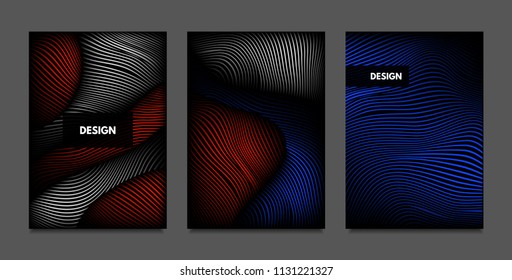 Distortion of Lines. Abstract Backgrounds with Vibrant Gradient and Wavy Stripes. Futuristic Cover Templates Set with Volume and Metallic Effect. Distorted Shapes for Business Presentation, Brochure.