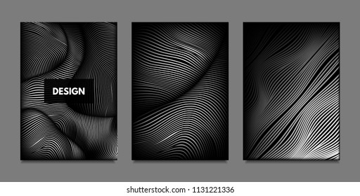 Distortion of Lines. Abstract Backgrounds with Vibrant Gradient and Wavy Stripes. Monochrome Cover Templates Set with Volume and Metallic Effect. Distorted Shapes for Business Presentation, Brochure.