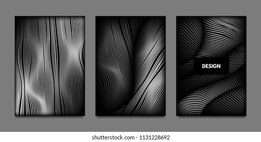 Distortion of Lines. Abstract Backgrounds with Vibrant Gradient and Wavy Stripes. Monochrome Cover Templates Set with Volume and Metallic Effect. Distorted Shapes for Business Presentation, Brochure.