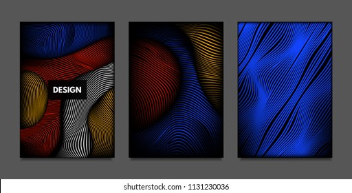 Distortion of Lines. Abstract Backgrounds with Vibrant Gradient and Wavy Stripes. Futuristic Cover Templates Set with Volume and Metallic Effect. Distorted Shapes for Business Presentation, Brochure.