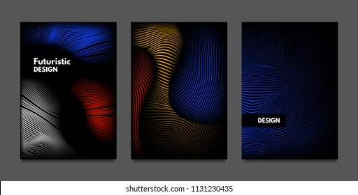 Distortion of Lines. Abstract Backgrounds with Vibrant Gradient and Wavy Stripes. Futuristic Cover Templates Set with Volume and Metallic Effect. Distorted Shapes for Business Presentation, Brochure.