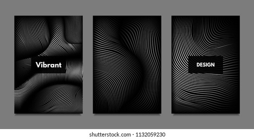 Distortion of Lines. Abstract Backgrounds with Vibrant Gradient and Wavy Stripes. Monochrome Cover Templates Set with Volume and Metallic Effect. Distorted Shapes for Business Presentation, Brochure.