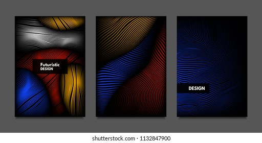 Distortion of Lines. Abstract Backgrounds with Vibrant Gradient and Wavy Stripes. Futuristic Cover Templates Set with Volume and Metallic Effect. Distorted Shapes for Business Presentation, Brochure.