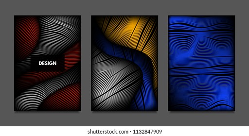 Distortion of Lines. Abstract Backgrounds with Vibrant Gradient and Wavy Stripes. Futuristic Cover Templates Set with Volume and Metallic Effect. Distorted Shapes for Business Presentation, Brochure.