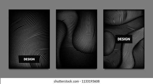 Distortion of Lines. Abstract Backgrounds with Vibrant Gradient and Wavy Stripes. Monochrome Cover Templates Set with Volume and Metallic Effect. Distorted Shapes for Business Presentation, Brochure.