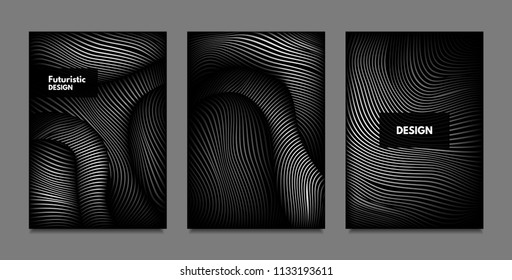 Verzerrung der Linien. Abstrakte Hintergründe mit kräftigen Farbverläufen und schweren Streifen. Monochrome Abdeckplatten Set mit Volume und Metallic Effect. Verzerrte Formen für die Präsentation von Unternehmen, Broschüre.