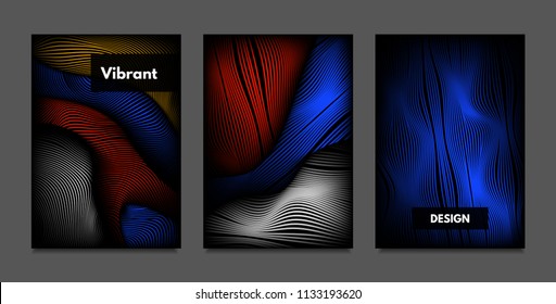 Distortion of Lines. Abstract Backgrounds with Vibrant Gradient and Wavy Stripes. Futuristic Cover Templates Set with Volume and Metallic Effect. Distorted Shapes for Business Presentation, Brochure.