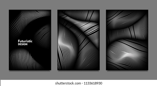 Distortion of Lines. Abstract Backgrounds with Vibrant Gradient and Wavy Stripes. Monochrome Cover Templates Set with Volume and Metallic Effect. Distorted Shapes for Business Presentation, Brochure.
