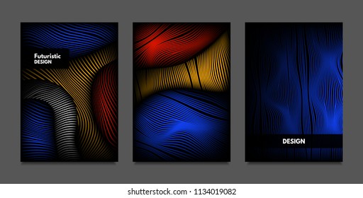 Distortion of Lines. Abstract Backgrounds with Vibrant Gradient and Wavy Stripes. Futuristic Cover Templates Set with Volume and Metallic Effect. Distorted Shapes for Business Presentation, Brochure.