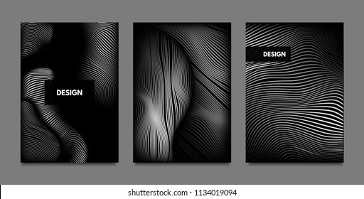 Distortion of Lines. Abstract Backgrounds with Vibrant Gradient and Wavy Stripes. Monochrome Cover Templates Set with Volume and Metallic Effect. Distorted Shapes for Business Presentation, Brochure.