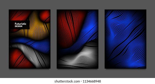 Distortion of Lines. Abstract Backgrounds with Vibrant Gradient and Wavy Stripes. Futuristic Cover Templates Set with Volume and Metallic Effect. Distorted Shapes for Business Presentation, Brochure.