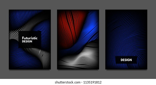 Distortion of Lines. Abstract Backgrounds with Vibrant Gradient and Wavy Stripes. Futuristic Cover Templates Set with Volume and Metallic Effect. Distorted Shapes for Business Presentation, Brochure.