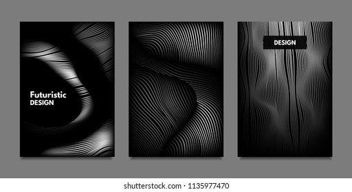 Distortion of Lines. Abstract Backgrounds with Vibrant Gradient and Wavy Stripes. Monochrome Cover Templates Set with Volume and Metallic Effect. Distorted Shapes for Business Presentation, Brochure.