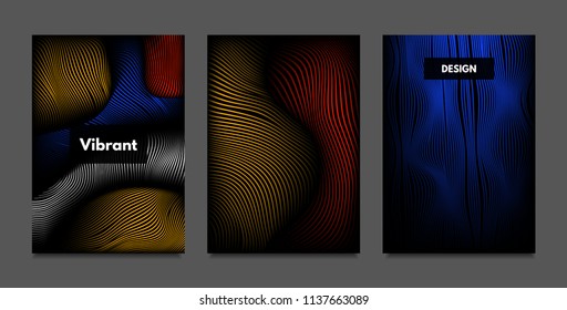 Distortion of Lines. Abstract Backgrounds with Vibrant Gradient and Wavy Stripes. Futuristic Cover Templates Set with Volume and Metallic Effect. Distorted Shapes for Business Presentation, Brochure.