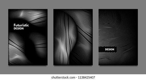 Distortion of Lines. Abstract Backgrounds with Vibrant Gradient and Wavy Stripes. Monochrome Cover Templates Set with Volume and Metallic Effect. Distorted Shapes for Business Presentation, Brochure.