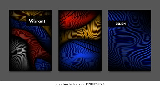 Distortion of Lines. Abstract Backgrounds with Vibrant Gradient and Wavy Stripes. Futuristic Cover Templates Set with Volume and Metallic Effect. Distorted Shapes for Business Presentation, Brochure.