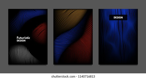 Distortion of Lines. Abstract Backgrounds with Vibrant Gradient and Wavy Stripes. Futuristic Cover Templates Set with Volume and Metallic Effect. Distorted Shapes for Business Presentation, Brochure.
