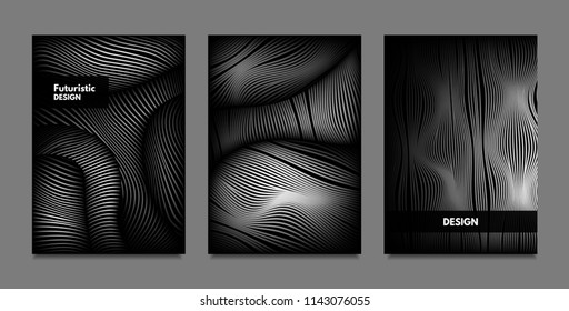 Distortion of Lines. Abstract Backgrounds with Vibrant Gradient and Wavy Stripes. Monochrome Cover Templates Set with Volume and Metallic Effect. Distorted Shapes for Business Presentation, Brochure.