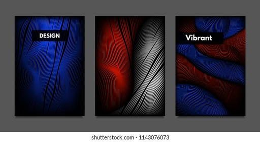 Distortion of Lines. Abstract Backgrounds with Vibrant Gradient and Wavy Stripes. Futuristic Cover Templates Set with Volume and Metallic Effect. Distorted Shapes for Business Presentation, Brochure.