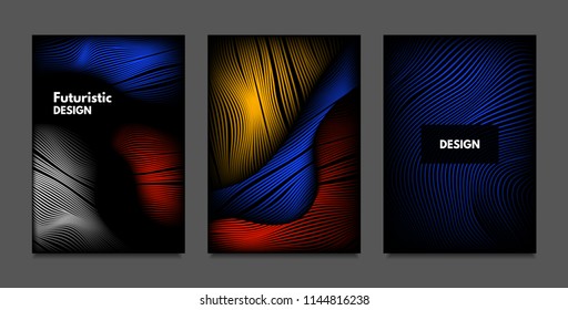 Distortion of Lines. Abstract Backgrounds with Vibrant Gradient and Wavy Stripes. Futuristic Cover Templates Set with Volume and Metallic Effect. Distorted Shapes for Business Presentation, Brochure.
