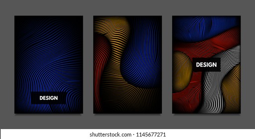 Distortion of Lines. Abstract Backgrounds with Vibrant Gradient and Wavy Stripes. Futuristic Cover Templates Set with Volume and Metallic Effect. Distorted Shapes for Business Presentation, Brochure.