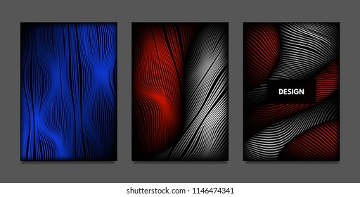 Distortion of Lines. Abstract Backgrounds with Vibrant Gradient and Wavy Stripes. Futuristic Cover Templates Set with Volume and Metallic Effect. Distorted Shapes for Business Presentation, Brochure.