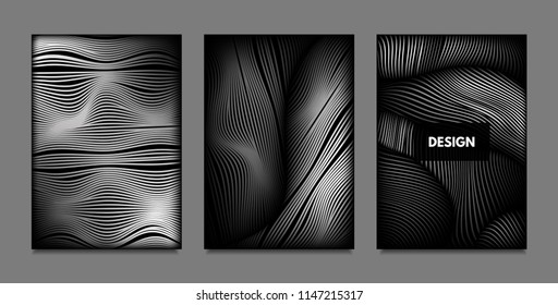 Distortion of Lines. Abstract Backgrounds with Vibrant Gradient and Wavy Stripes. Monochrome Cover Templates Set with Volume and Metallic Effect. Distorted Shapes for Business Presentation, Brochure.