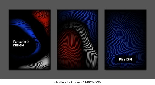 Distortion of Lines. Abstract Backgrounds with Vibrant Gradient and Wavy Stripes. Futuristic Cover Templates Set with Volume and Metallic Effect. Distorted Shapes for Business Presentation, Brochure.