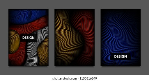 Distortion of Lines. Abstract Backgrounds with Vibrant Gradient and Wavy Stripes. Futuristic Cover Templates Set with Volume and Metallic Effect. Distorted Shapes for Business Presentation, Brochure.