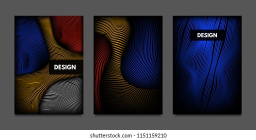 Distortion of Lines. Abstract Backgrounds with Vibrant Gradient and Wavy Stripes. Futuristic Cover Templates Set with Volume and Metallic Effect. Distorted Shapes for Business Presentation, Brochure.