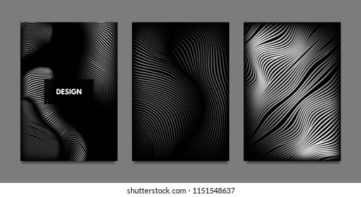 Distortion of Lines. Abstract Backgrounds with Vibrant Gradient and Wavy Stripes. Monochrome Cover Templates Set with Volume and Metallic Effect. Distorted Shapes for Business Presentation, Brochure.