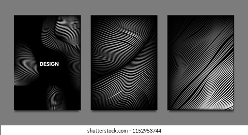 Distortion of Lines. Abstract Backgrounds with Vibrant Gradient and Wavy Stripes. Monochrome Cover Templates Set with Volume and Metallic Effect. Distorted Shapes for Business Presentation, Brochure.