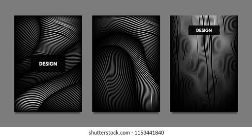 Distortion of Lines. Abstract Backgrounds with Vibrant Gradient and Wavy Stripes. Monochrome Cover Templates Set with Volume and Metallic Effect. Distorted Shapes for Business Presentation, Brochure.