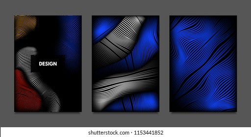 Distortion of Lines. Abstract Backgrounds with Vibrant Gradient and Wavy Stripes. Futuristic Cover Templates Set with Volume and Metallic Effect. Distorted Shapes for Business Presentation, Brochure.