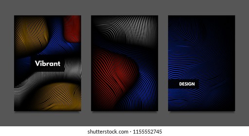Distortion of Lines. Abstract Backgrounds with Vibrant Gradient and Wavy Stripes. Futuristic Cover Templates Set with Volume and Metallic Effect. Distorted Shapes for Business Presentation, Brochure.