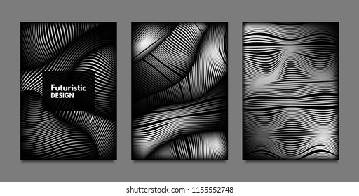 Distortion of Lines. Abstract Backgrounds with Vibrant Gradient and Wavy Stripes. Monochrome Cover Templates Set with Volume and Metallic Effect. Distorted Shapes for Business Presentation, Brochure.