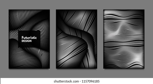Distortion of Lines. Abstract Backgrounds with Vibrant Gradient and Wavy Stripes. Monochrome Cover Templates Set with Volume and Metallic Effect. Distorted Shapes for Business Presentation, Brochure.