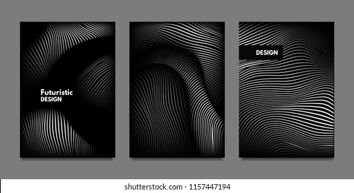 Distortion of Lines. Abstract Backgrounds with Vibrant Gradient and Wavy Stripes. Monochrome Cover Templates Set with Volume and Metallic Effect. Distorted Shapes for Business Presentation, Brochure.