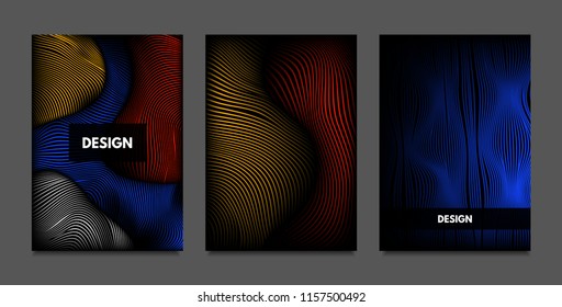 Distortion of Lines. Abstract Backgrounds with Vibrant Gradient and Wavy Stripes. Futuristic Cover Templates Set with Volume and Metallic Effect. Distorted Shapes for Business Presentation, Brochure.