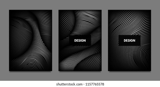 Distortion of Lines. Abstract Backgrounds with Vibrant Gradient and Wavy Stripes. Monochrome Cover Templates Set with Volume and Metallic Effect. Distorted Shapes for Business Presentation, Brochure.
