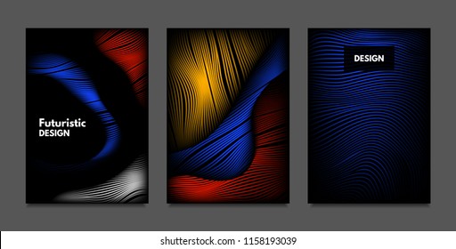 Distortion of Lines. Abstract Backgrounds with Vibrant Gradient and Wavy Stripes. Futuristic Cover Templates Set with Volume and Metallic Effect. Distorted Shapes for Business Presentation, Brochure.