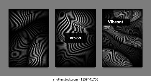 Distortion of Lines. Abstract Backgrounds with Vibrant Gradient and Wavy Stripes. Monochrome Cover Templates Set with Volume and Metallic Effect. Distorted Shapes for Business Presentation, Brochure.