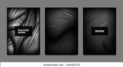 Distortion of Lines. Abstract Backgrounds with Vibrant Gradient and Wavy Stripes. Monochrome Cover Templates Set with Volume and Metallic Effect. Distorted Shapes for Business Presentation, Brochure.