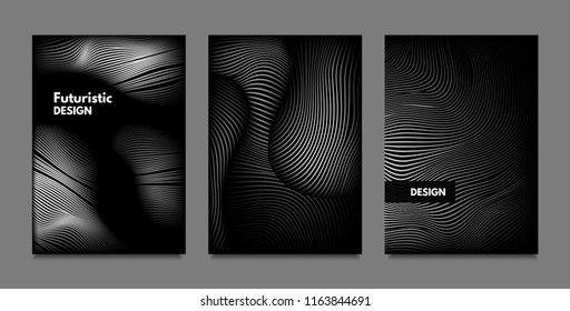 Distortion of Lines. Abstract Backgrounds with Vibrant Gradient and Wavy Stripes. Monochrome Cover Templates Set with Volume and Metallic Effect. Distorted Shapes for Business Presentation, Brochure.
